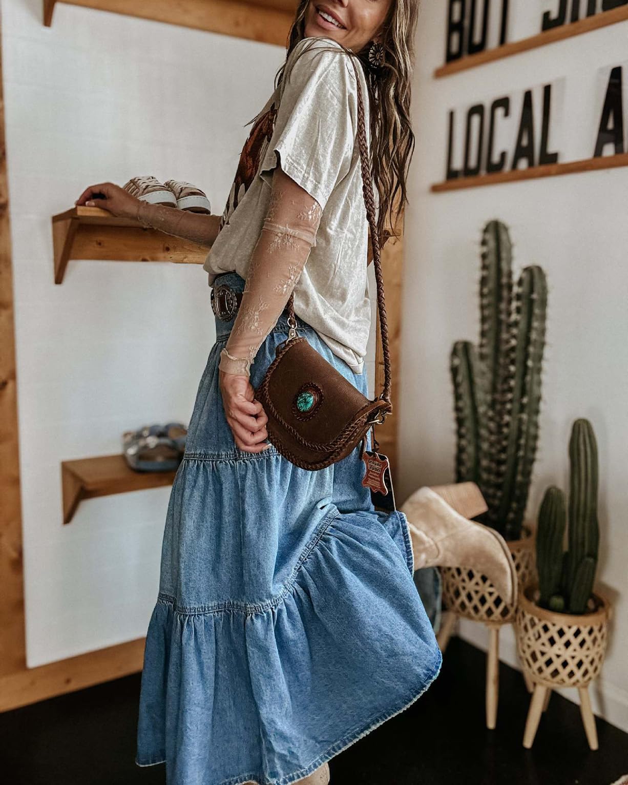 cffvdiz Boho Frauen Lange Jeansrock Vorder-Knopf Hohe Taille Geschichtete Patchwork Kuchen A-Linie Maxi Jean Röcke