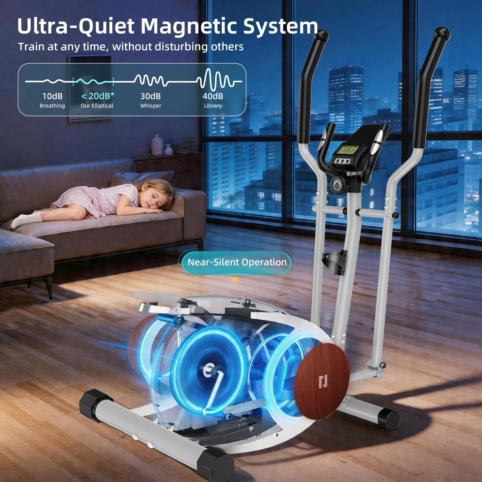 YONISEE Crosstrainer für Zuhause, Leiser Ellipsentrainer mit 16-stufigem Magnetwiderstand, LCD-Display und Bluetooth‑App‑Kompatibilität, Ganzkörper-Fitnessgerät für Heimtraining, Bis 130 kg