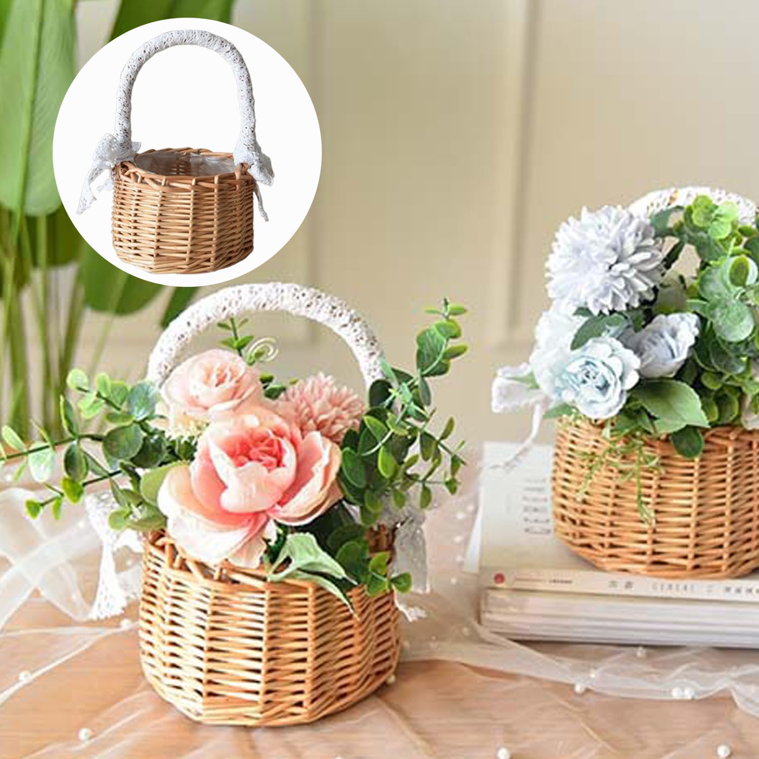 2 Pezzi Cestino Vimini Con Manico, Cesto Per Bomboniere, Mini Cestini Di Vimini, Cestino Vimini Intrecciato Con Nastro, Per Fiori In Vimini Cesti Intrecciati Con Nastro Cerimonie (A, Piccolo)