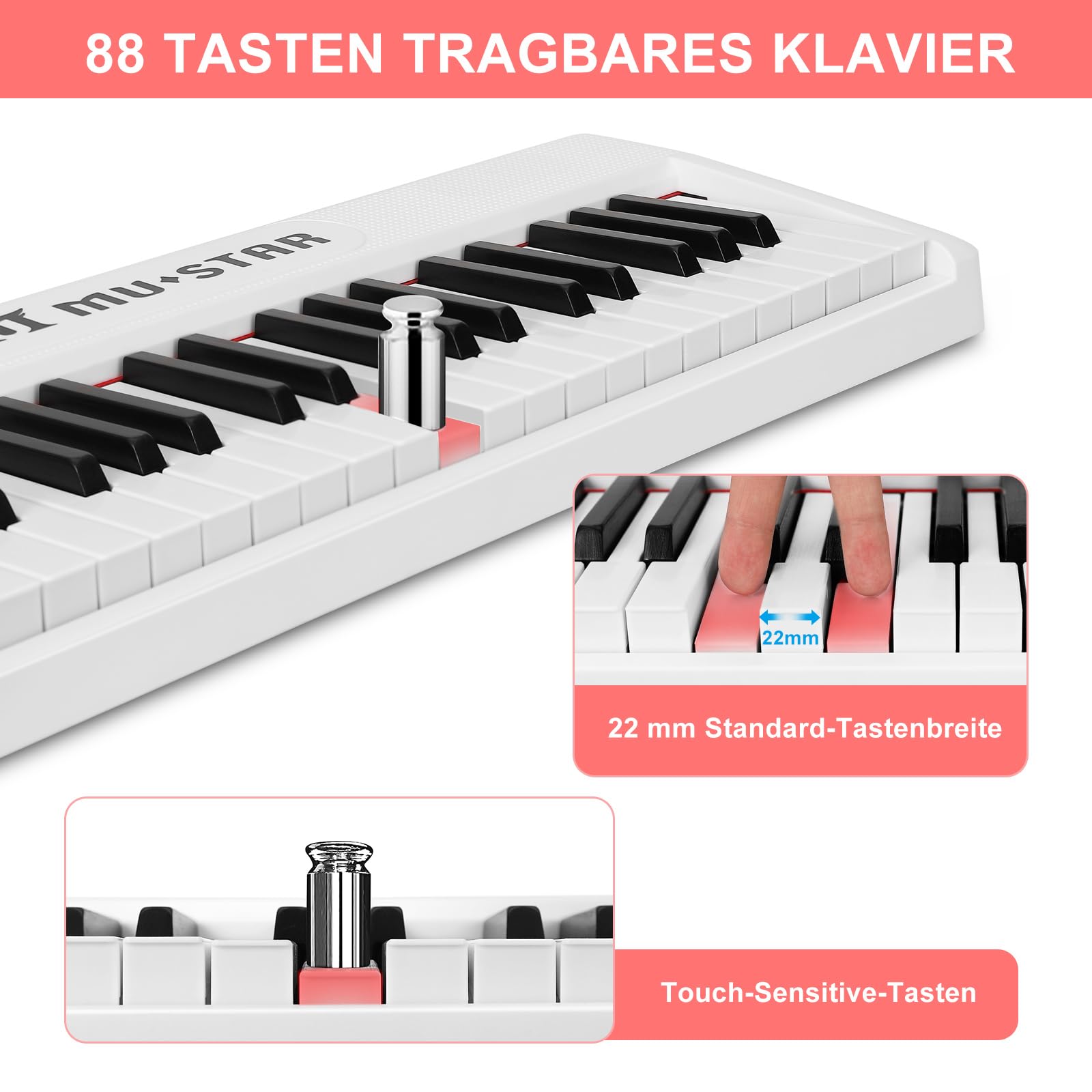 MUSTAR 88 Tasten Faltbares Klavier mit Beleuchteter Tasten, Halbgewichtige Digital Piano, Tragbares E-piano mit Bluetooth, MIDI, Sustain Pedal, Kopfhörer für Anfänger, Weiß