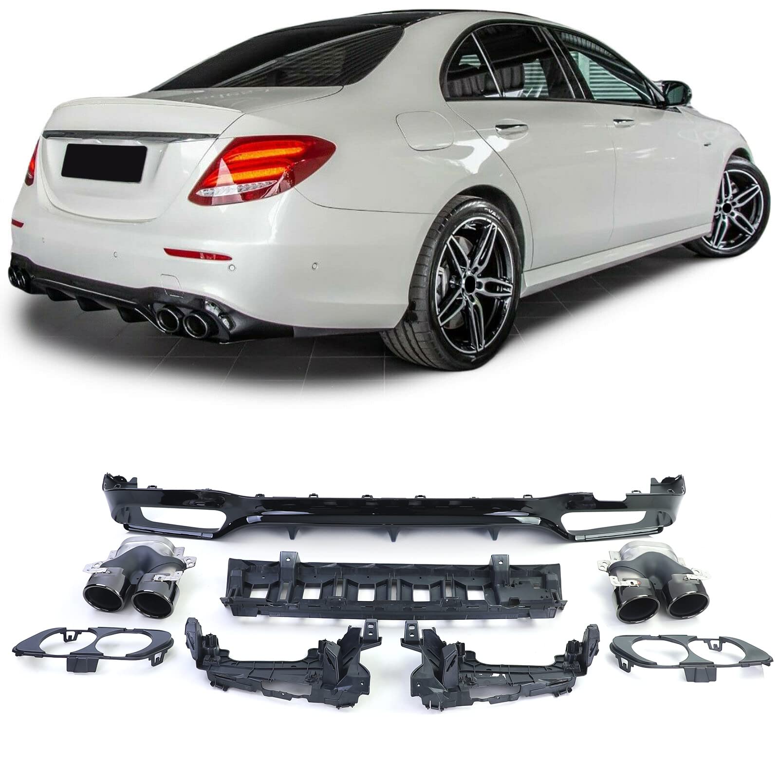 Sport Heckdiffusor mit Endrohren Schwarz für Mercedes E Klasse W213 Limo ab 16