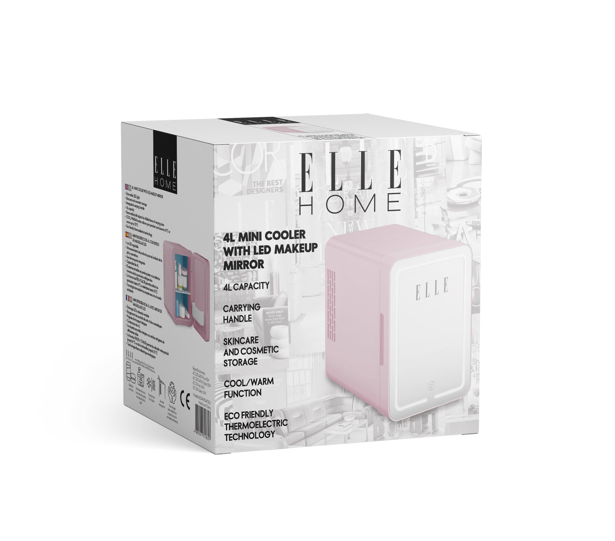 ELLE Mini nevera cosmética 4L con espejo LED – Nevera belleza caliente y fría para Skincare, cuidado y cosmético, iluminación táctil ajustable, estante extraíble y asa de transporte, color morado