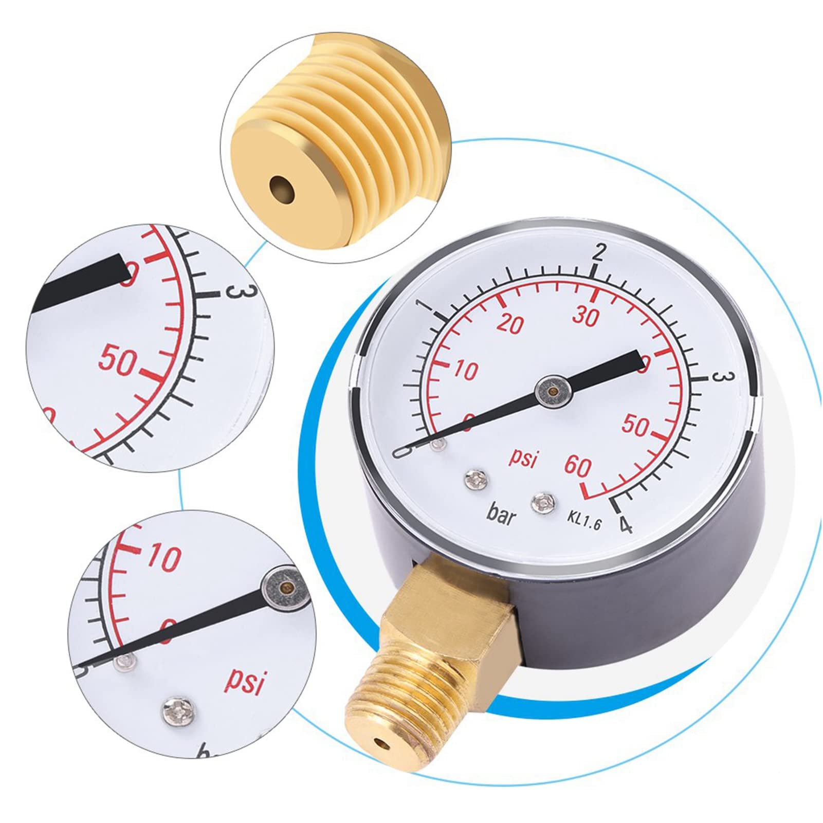 Estink Manometro di Pressione Idraulico, 50 mm, 0-4 bar/0-60 psi, 1/4" NPT, per Aria Olio Acqua