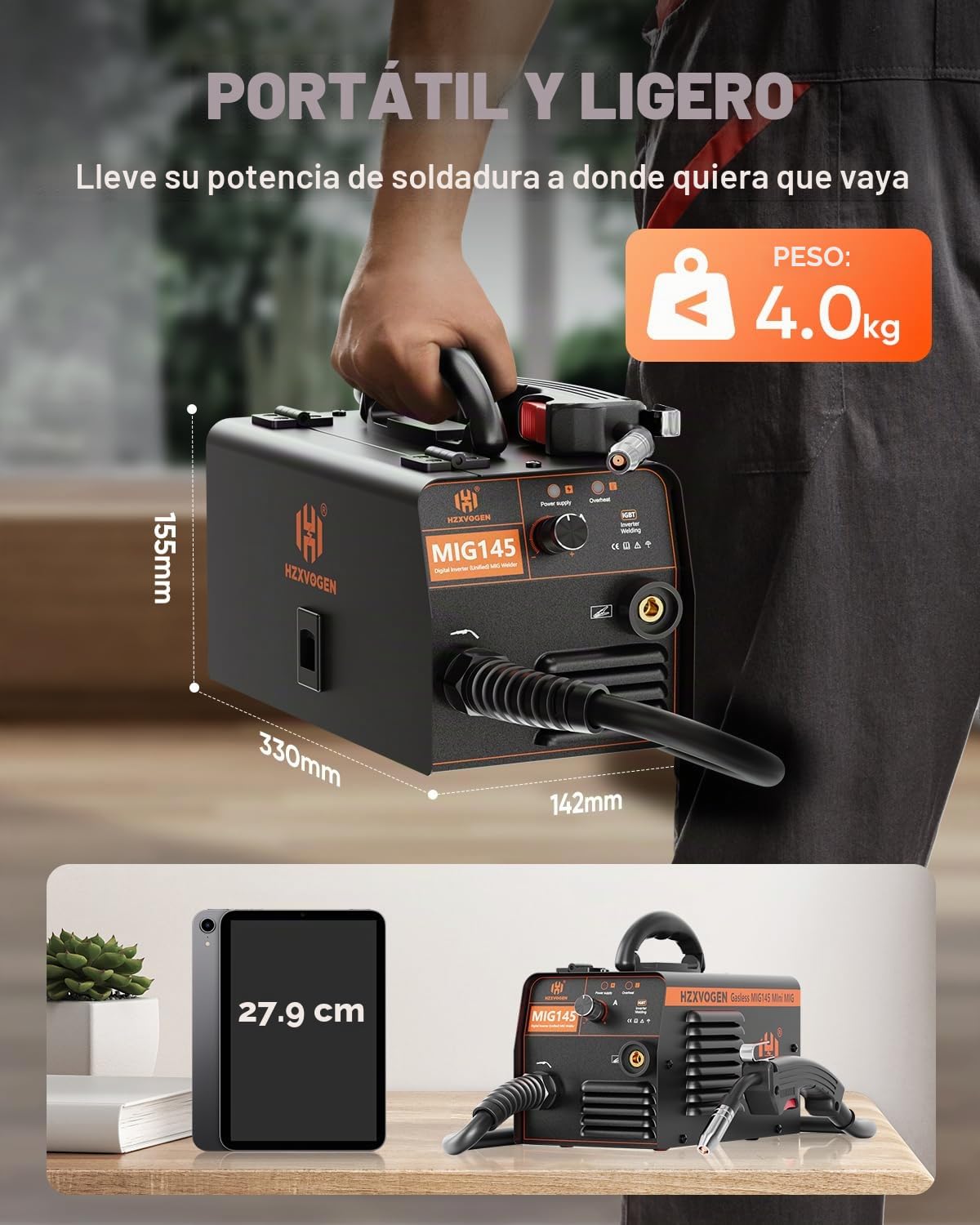 Soldador de Hilo sin Gas, 145A Soldador Inverter IGBT, Soldadura de alambre de llenado, Mini Portátil Soldador MIG