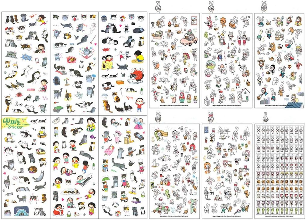 Kinteshun Cat & Rabbit Scrapbooking Stickers,Self-adhensive DIY Decorative Cartoon Animals Paster Decals Sticker for Scrapbooking or Card Making (12 Sheets with Different Patterns)