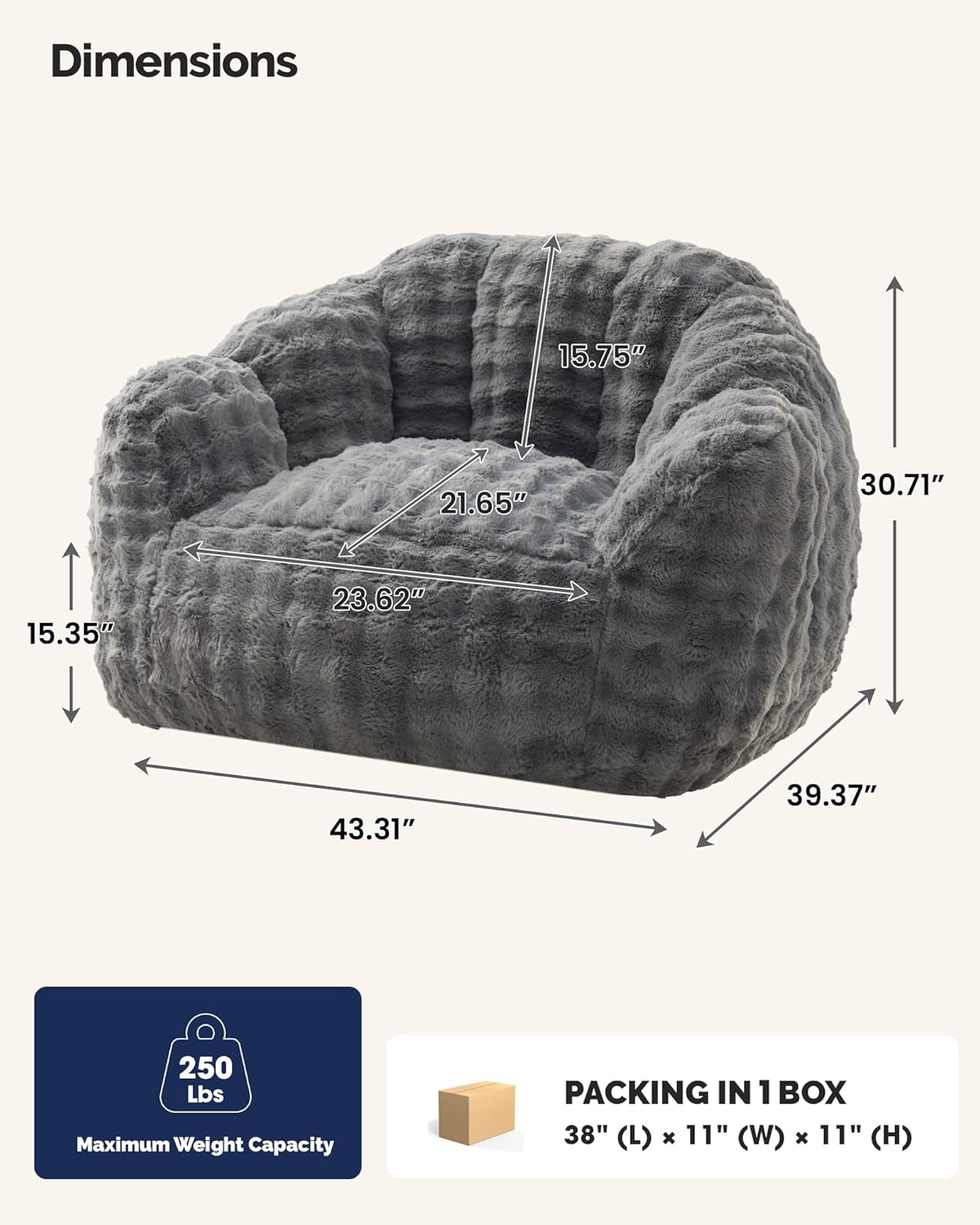 KINGYES Bean Bag Chair, Giant Bean Bag Couch with Memory Foam Filled, Gaming Beanbag Chair for Adults, Bean Bag for Kids & Teen, Light Gray - Image 2