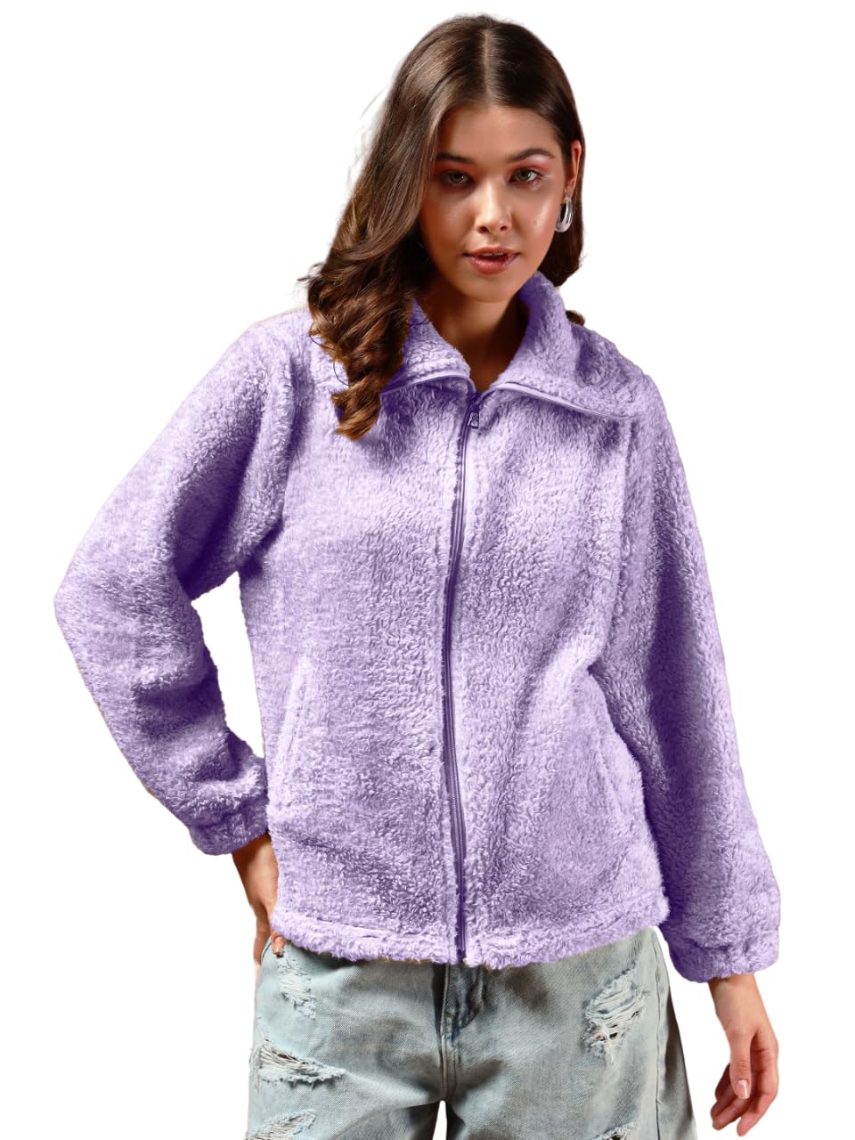 the dry state Women Fur Sweatshirt with Wing Collar & Front Zip Open | Lavender - Size S-picture-10