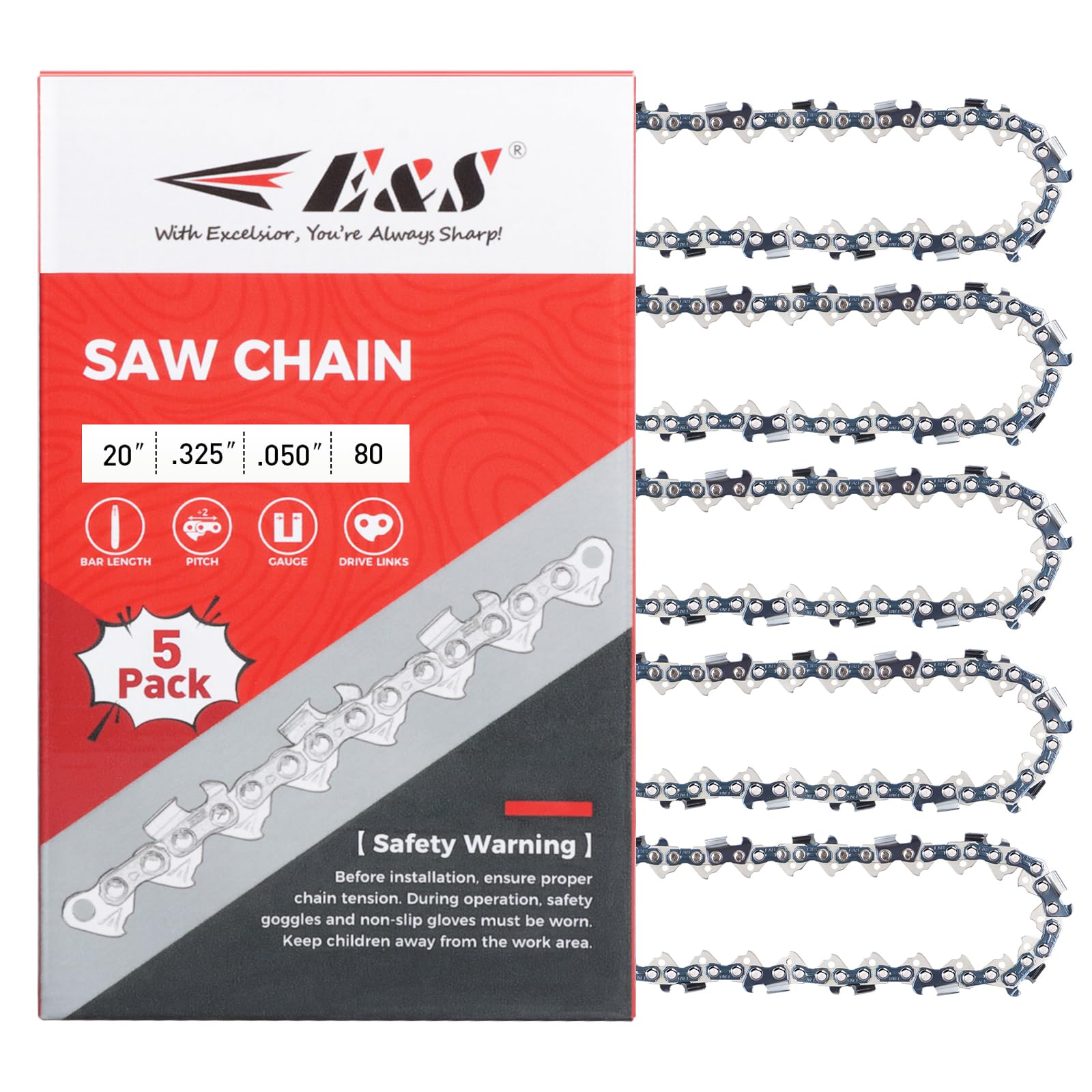 5 Pack 20 Inch Chainsaw Chain .325" Pitch .050" Gauge 80 Drive Links