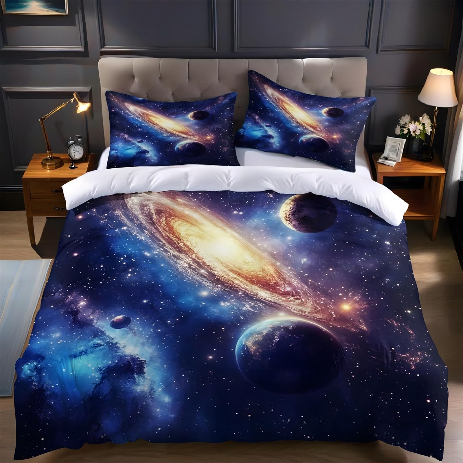 Ypthriline Super King Duvets Set Starry River Bedding Set Microfiber Dark Blue Duvet Covers with Pillowcases Reversible Bedding With Zipper Closure 260x220CM