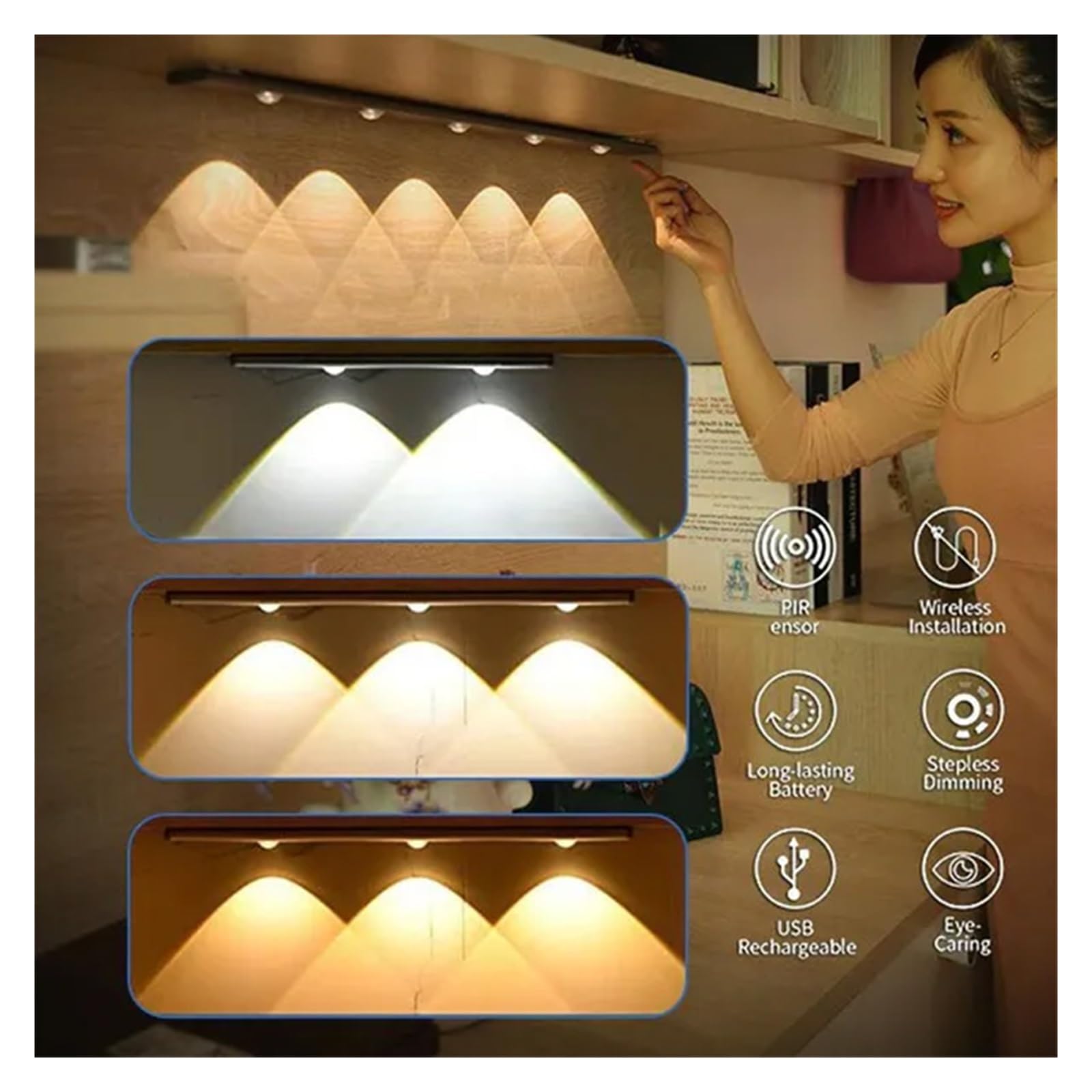 Unterschrank Leuchten USB LED Nachtlicht Sensor Drahtlose Ultra Dünne Wein Kühler Licht 3 Farbe For Küche Schrank Schlafzimmer Kleiderschrank Innen Beleuchtung(200mm-Silver,3Pcs)