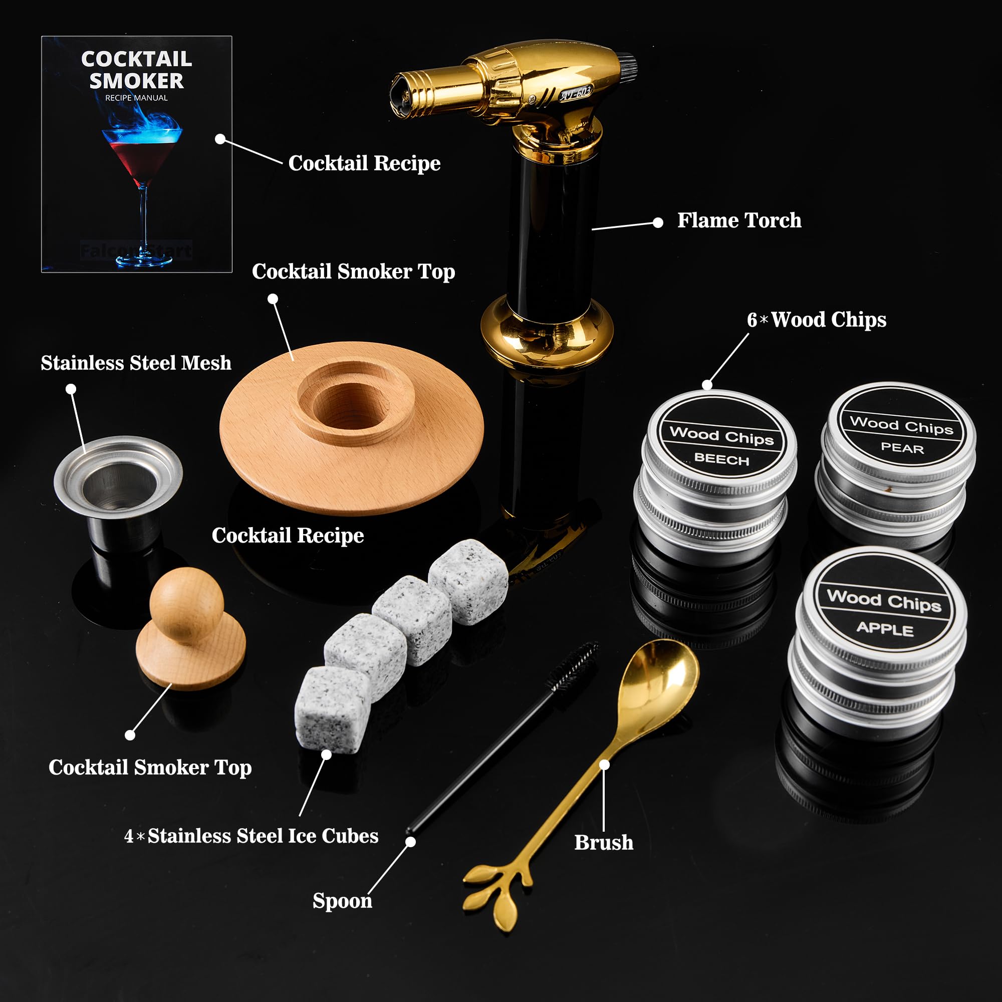 Kit Fumoir à Cocktail pour Whisky avec Torche Sans Gaz et 4 Pierres | Cadeau original pour homme avec 6 copeaux naturels pour whisky, bourbon et cocktails fumés