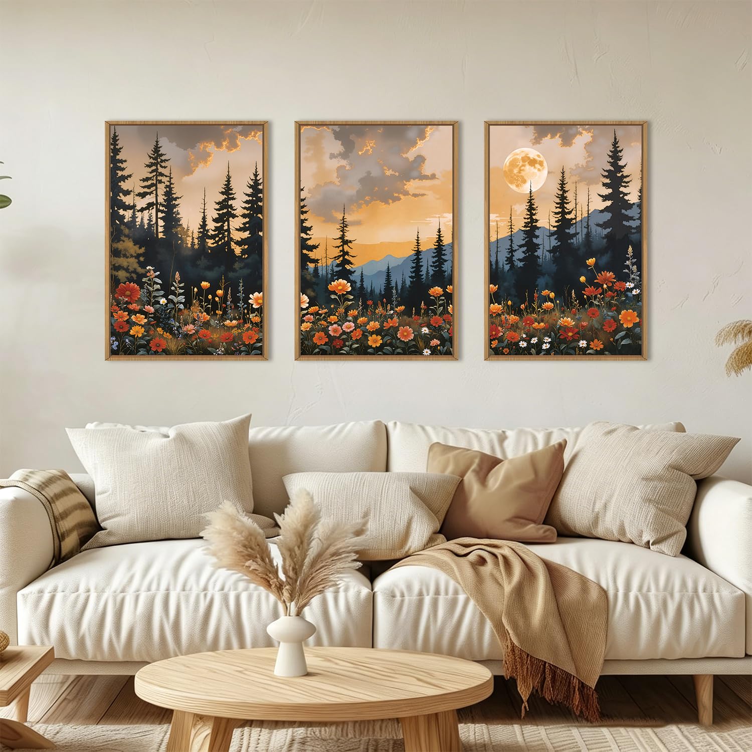 KAIRNE Mountain Wildflower Landscape Framed Canvas Wall Art Set,Vintage Moon Pine Tree Wall Decor,Rustic Forest Art Prints,Retro Scenery Artwork for Living Room,Bedroom,Farmhouse,Office-16 x24 x3