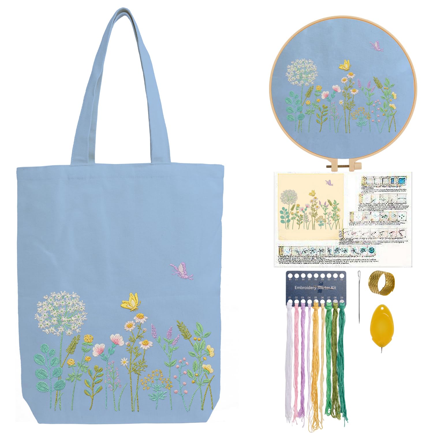 CREAWONDER Hand Embroidery Kits for Bag, Embroidery Kit Bag with Pattern for Beginners, Arts and DIY Embroidery Crafts Kits for Adults, Include Instructions, Embroidery Hoops, Color Threads and Tool