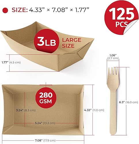 Miniatura 2 de Food Boats (paquete de 125) bandejas de comida de papel marrón de 3 libras, a prueba de fugas y aptas para congelador, bandejas de nachos