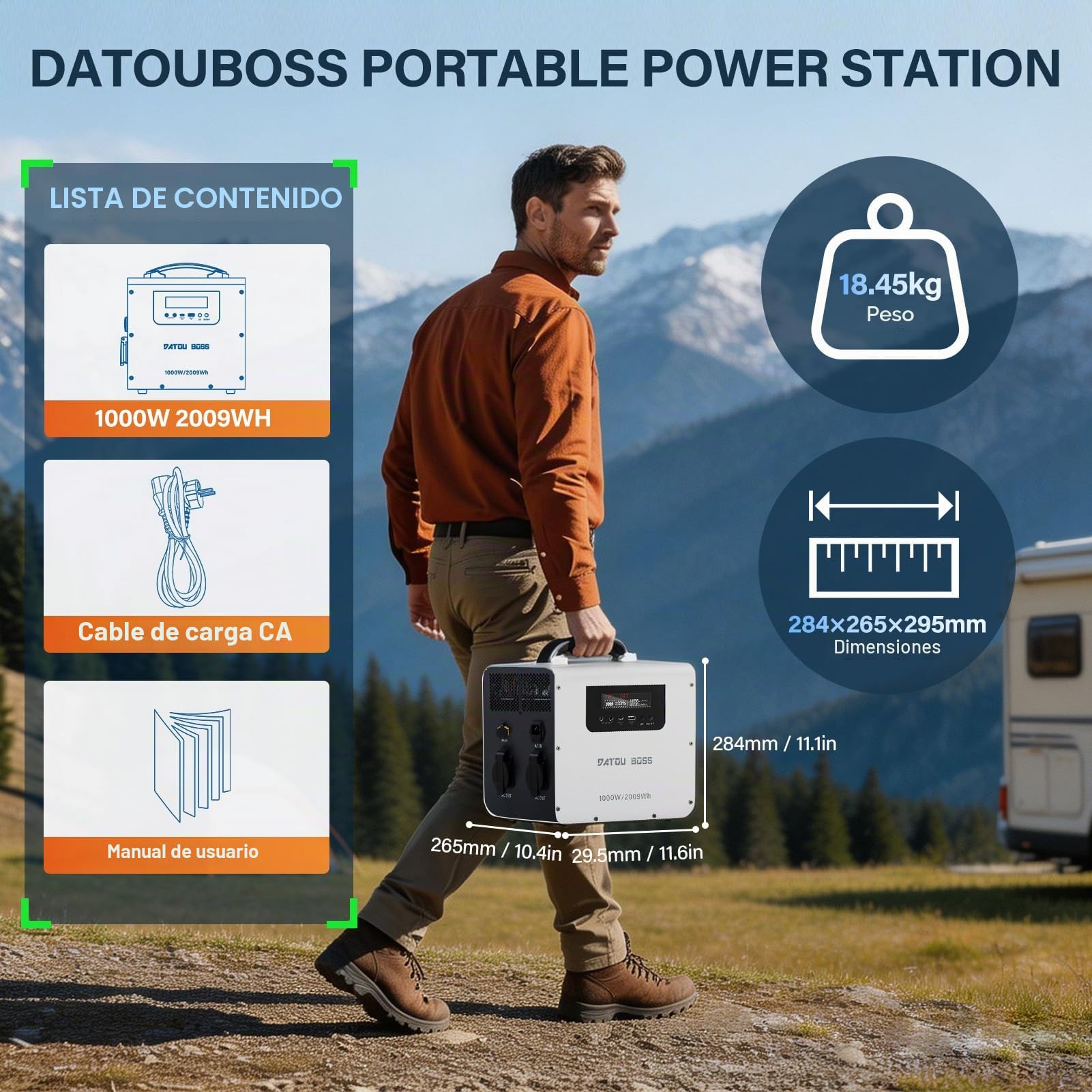 DATOUBOSS Estación de energía portátil de 1000W 2009Wh con batería LiFePO4, salida de 230V CA, generador solar con función UPS, fuente de alimentación de emergencia para camping, hogar y exterior