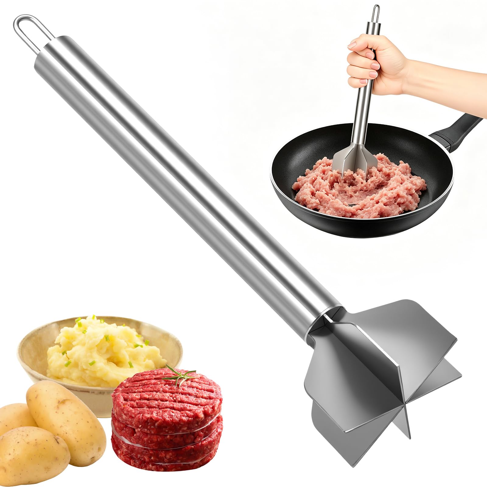 Kuanght Stainless Steel Meat Chopper, 26.5cm Meat Masher with 6 Curve Blades and Ergonomic Non-Slip Handle, Heat Resistant Ground Beef Chopper Tool for Mashing Potatoes, Pumpkins, Beans and Avocados