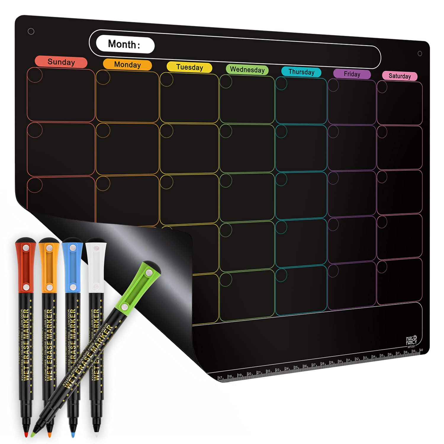 Mag-Fancy Magnetic Calendar for Refrigerator Black Monthly Dry Erase Chalkboard Calendar with Extra-Thick Magnet 5 Fine Tip Wet Erase Markers & Holes for Wall Hanging Semi-Gloss