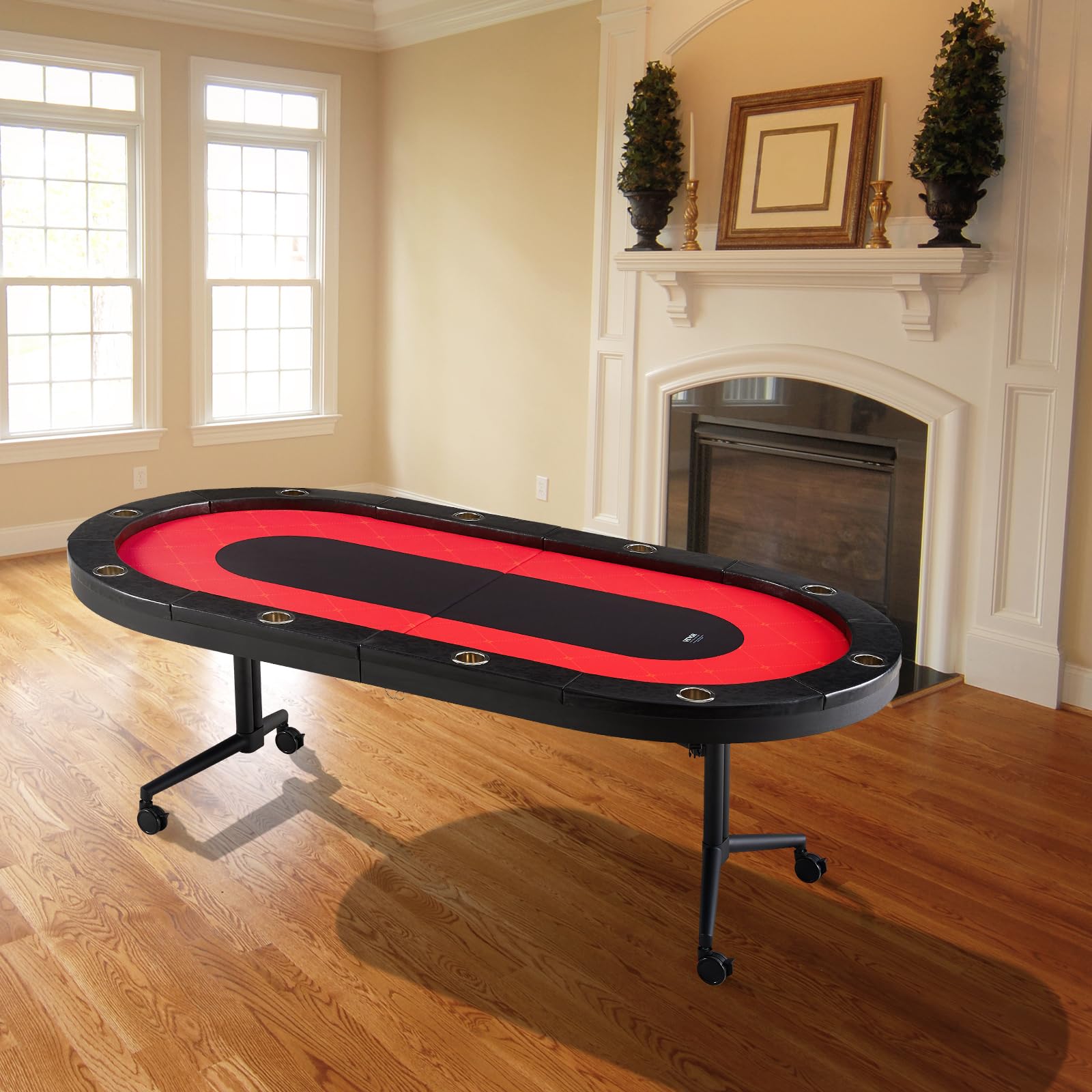 VEVOR Table de Poker Pliable 229 cm pour 10 Joueurs Table de Casino Blackjack Texas Holdem avec Rails Rembourrés et Porte-Gobelets en Acier Inoxydable Table de Jeu de Cartes Jeu de Société Maison