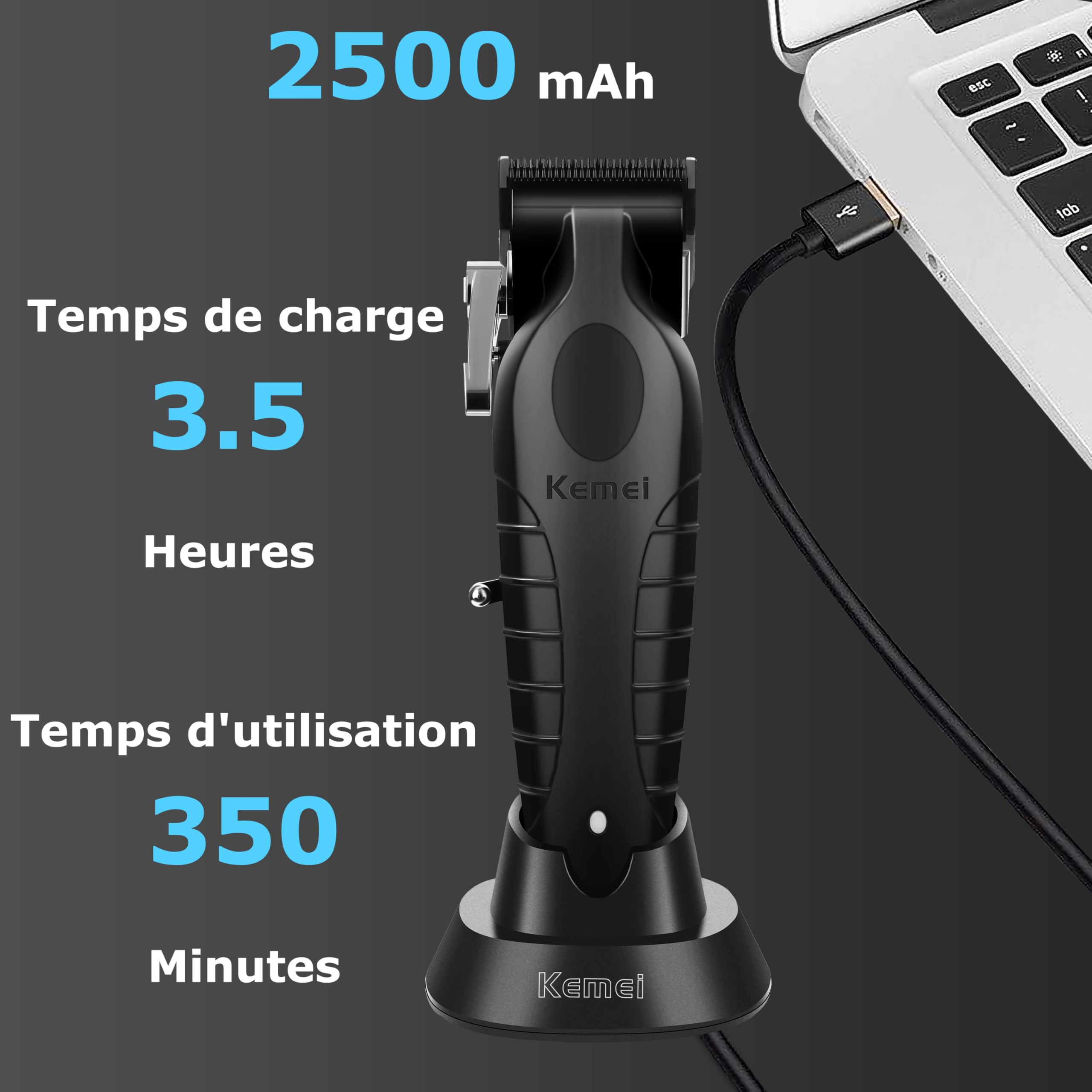 KEMEI 2296 Tondeuse à Cheveux Professionnelle Homme, Sans Fil, Lames en T, Recharge USB, Noir