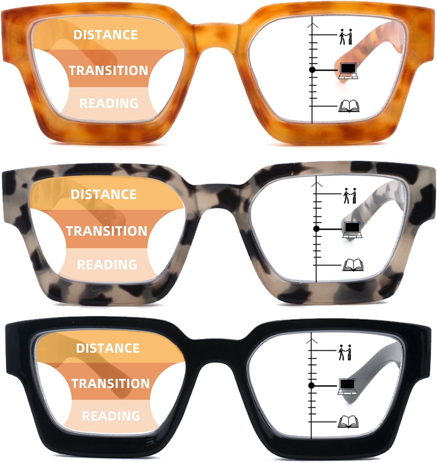 3 Pack Progressive Multifocal Reading Glasses for Women Retro Square Multifocus Readers Blue Light Computer Glasses - Image 2