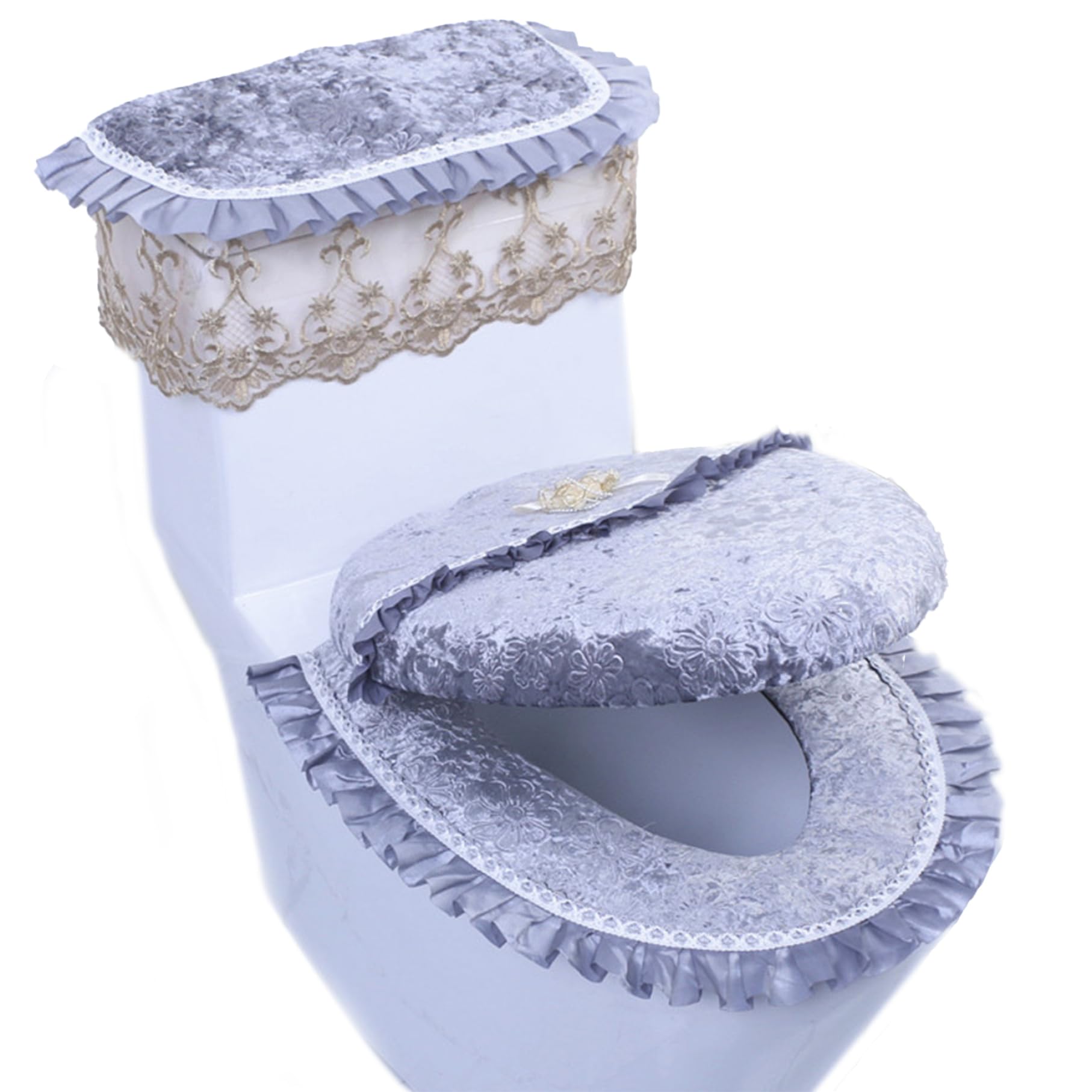Ngbbby Toilet Cover Set 3PCS with Lid Cover Seat and Tank Hidden Floral Pattern Set with Lace Edging