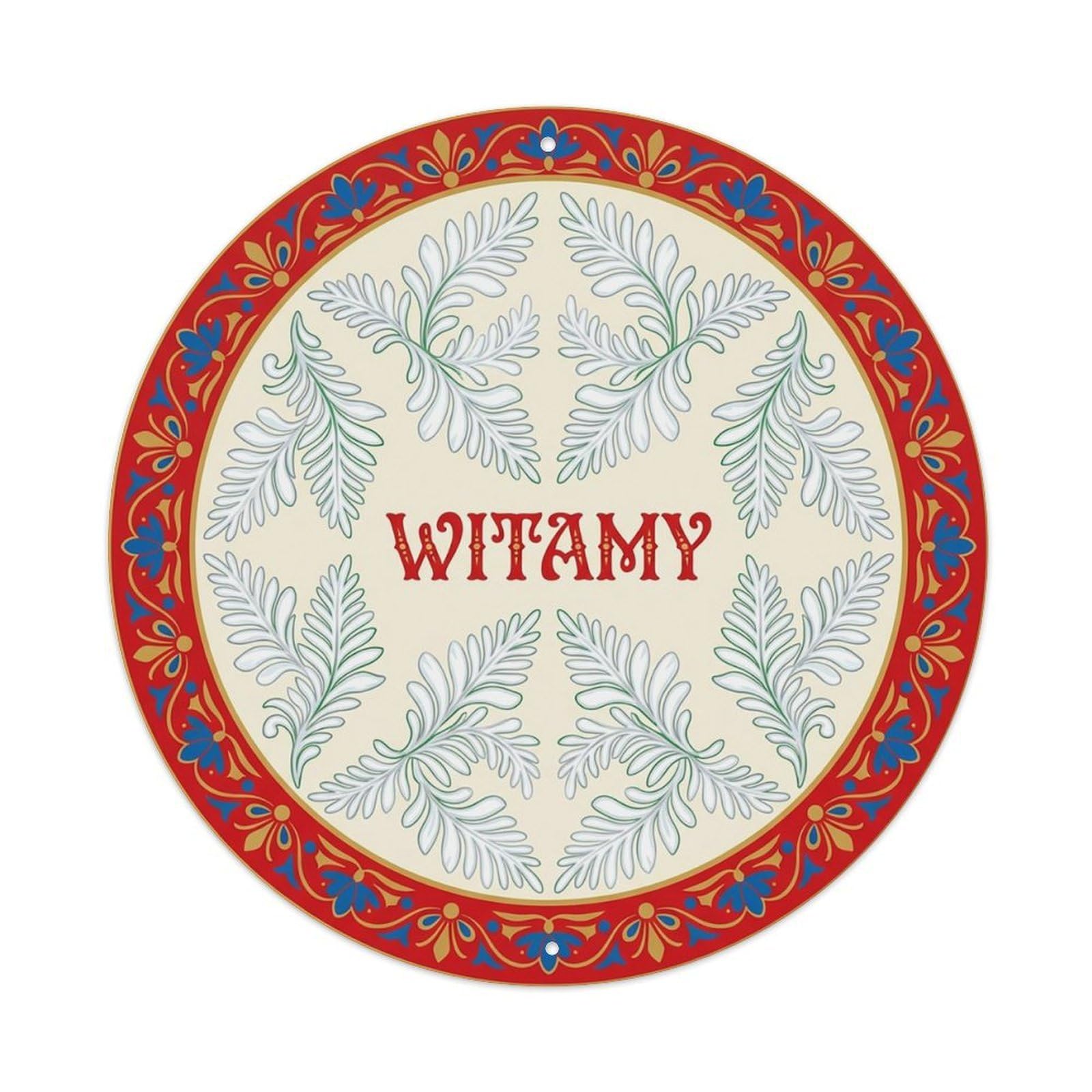 Vintage Polish Folk Art Witamy Welcome Snow Fern Metal Tin Sign