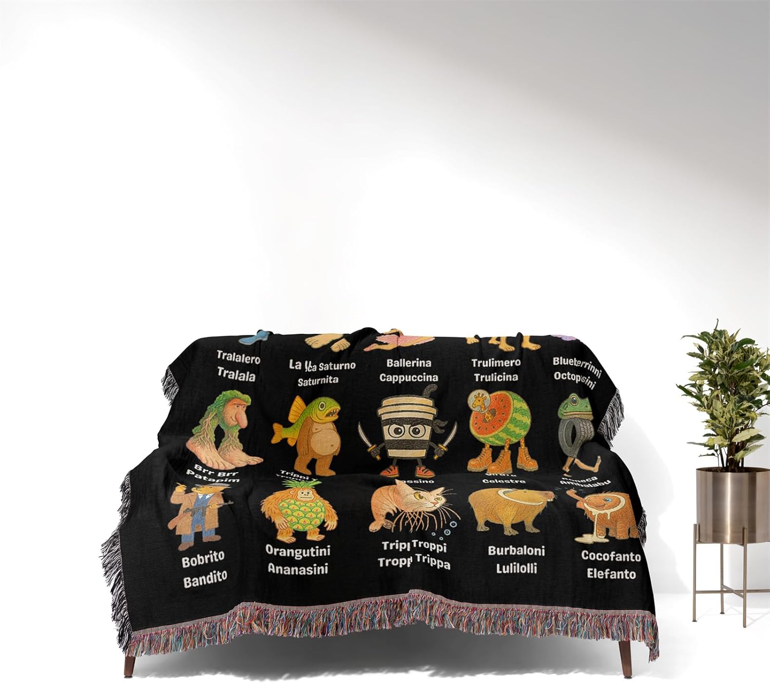 Personalized Italian Brainrot Character Jacquard Fringed Woven Throw Blanket, Custom Tralalero Tralala, Tung Tung Tung Sahur Blanket with Tassel for Wall Hanging, Couch, Bed, Camping