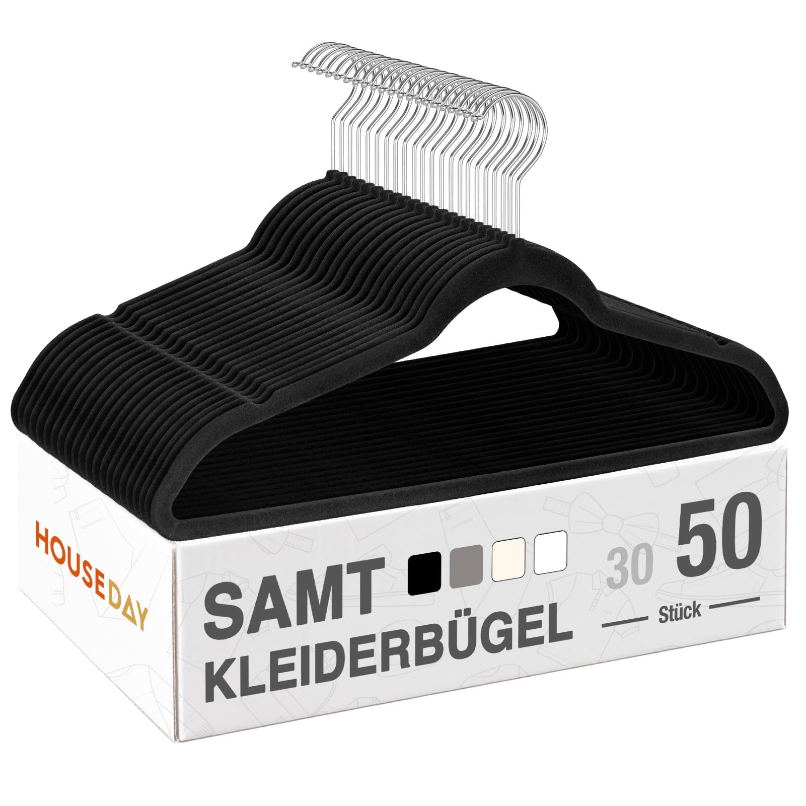 HOUSE DAY Kleiderbügel Samt 50er Set, Kleiderbügel Platzsparend, Bügel rutschfest und Samtbügel Schmal mit 360° Drehbarer Haken, für Hemden, Anzüge, Mäntel, Pullover, Hosen, Schwarz