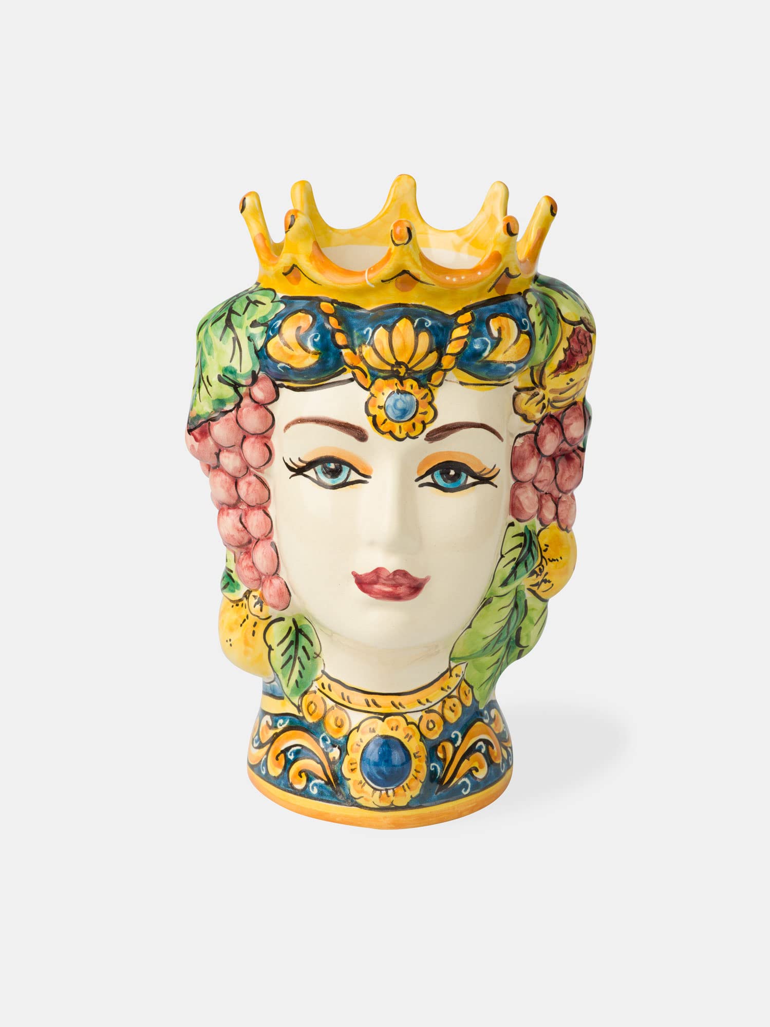 Terrecotte del Sole - Coppia Teste di Moro siciliane originali decoro frutta H 24 cm, realizzate e decorate a mano.