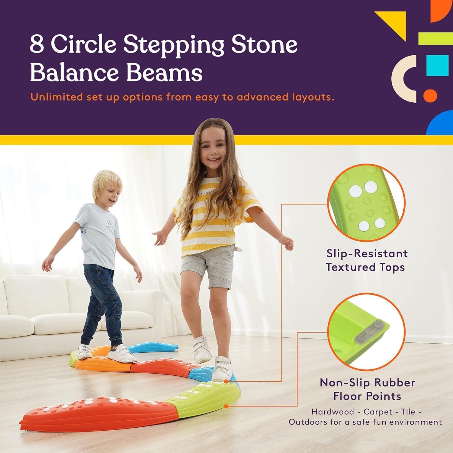 Special Supplies Colored Wavy Circle Balance Beams Stepping Stones for Kids, 8 Pc. Set, Non-Slip Textured Surface and Slip Resistant Floor Rubber Edges, Promote Agility, Strength, Active Play