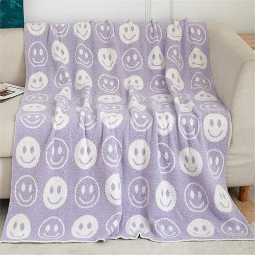 Happy Face - Manta de punto reversible suave con patrón lindo de dos tonos, manta para niños, cálida y acogedora para el hogar, sofá (morado claro)