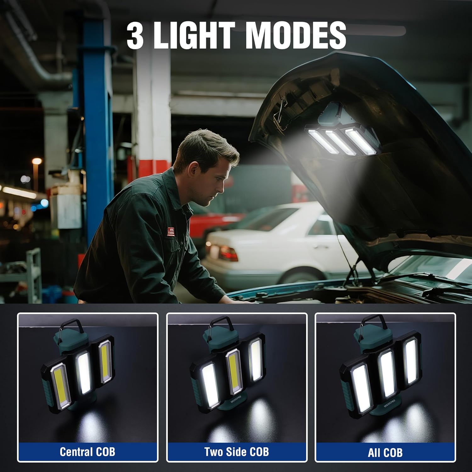 WORKPRO Rechargeable USB-C LED Work Light, Foldable Magnetic Light with Hanging Hook, 270° Rotatable, Tripod Mountable, Cordless Flashlight Light for Garage, Workshop, Auto Repair, Camping