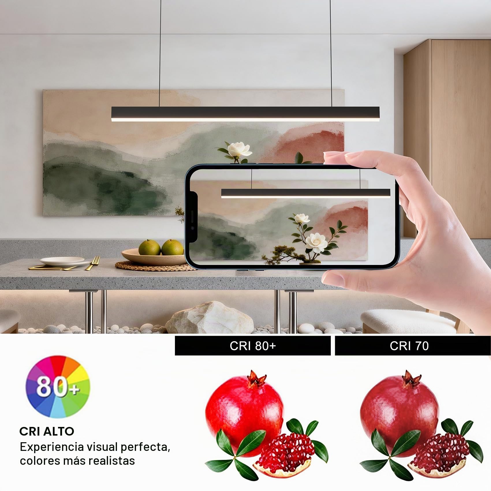 Lámpara LED Lineal Colgante Moderna, 150cm (60W) / 120cm (36W), Luz de Techo para Oficina y Comedor, Iluminación Profesional (Negra,1500mm,5700K)