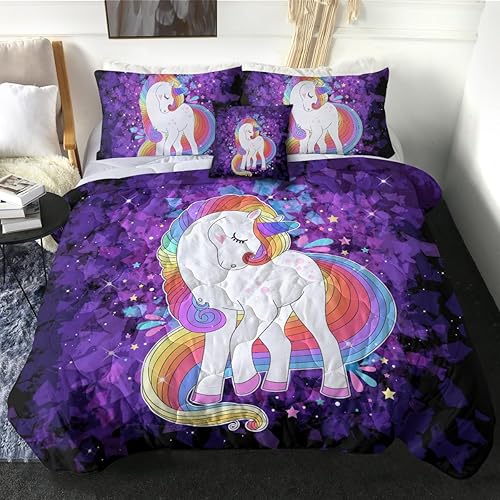 Sleepwish Unicorn Twin Comforter Set, 4 Piece Bedding Set with Comforter, Pillow Shams, and Cushion Cover, Purple, for Girls and Teens