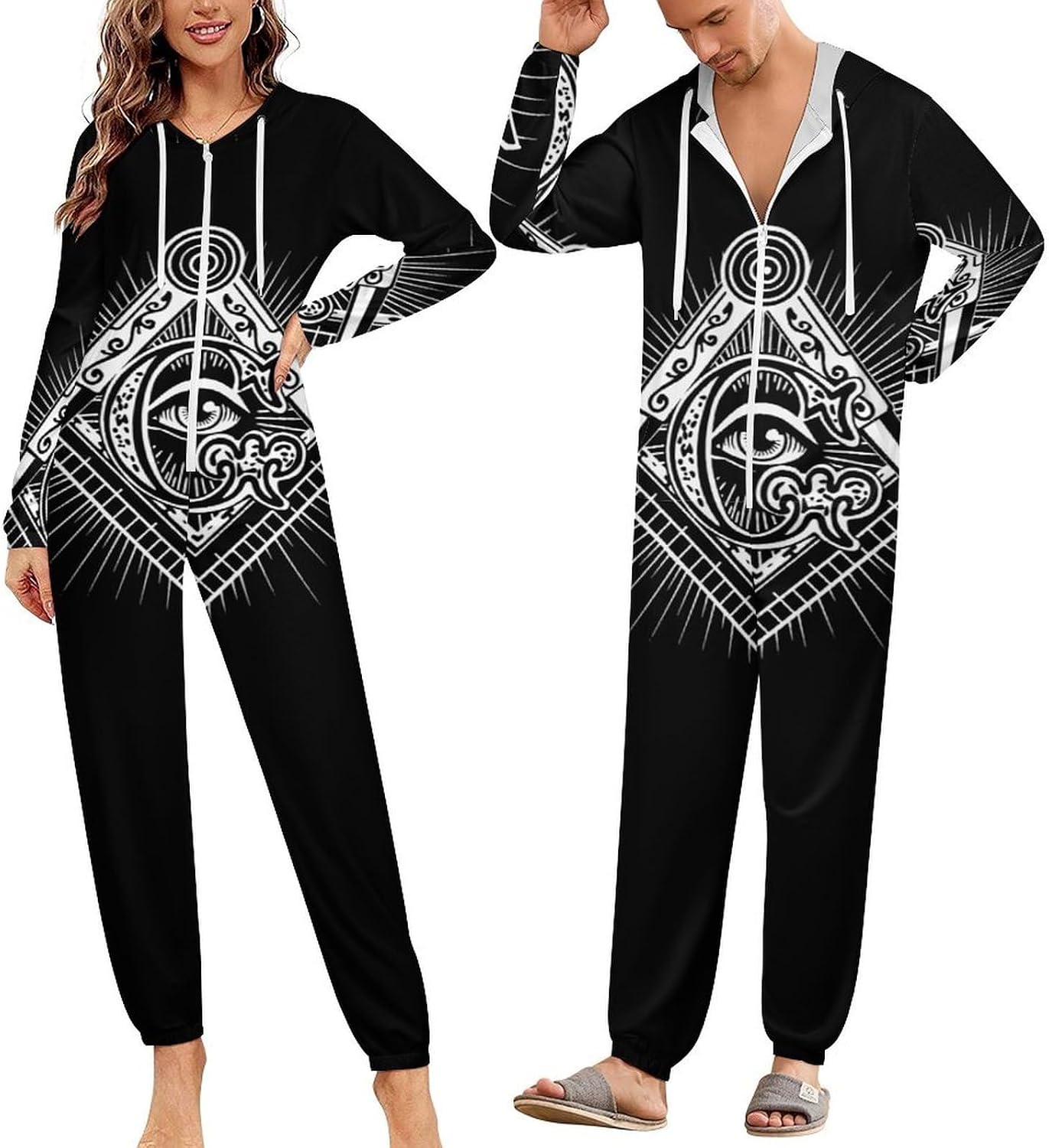 Freemasonry Masonic Masonry Adult Pajamas Onesie with Hood Pocket Jumpsuits One Piece Sleepwear