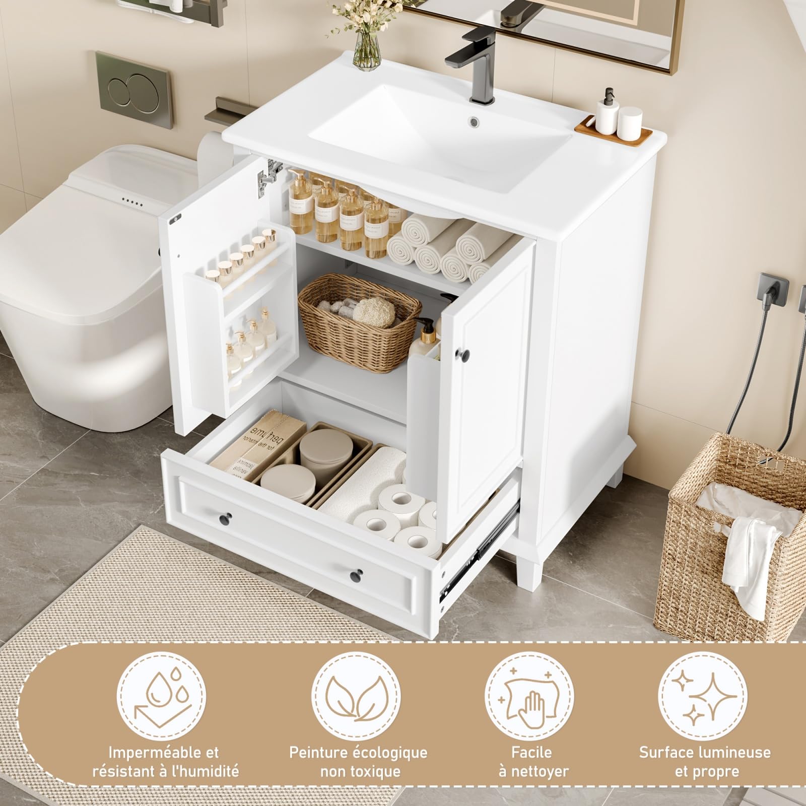 Mobile sottolavello, mobile da bagno con lavabo in ceramica incorporata, mobile portaoggetti con 2 ante e cassetti, gambe in legno massello, design moderno (bianco)