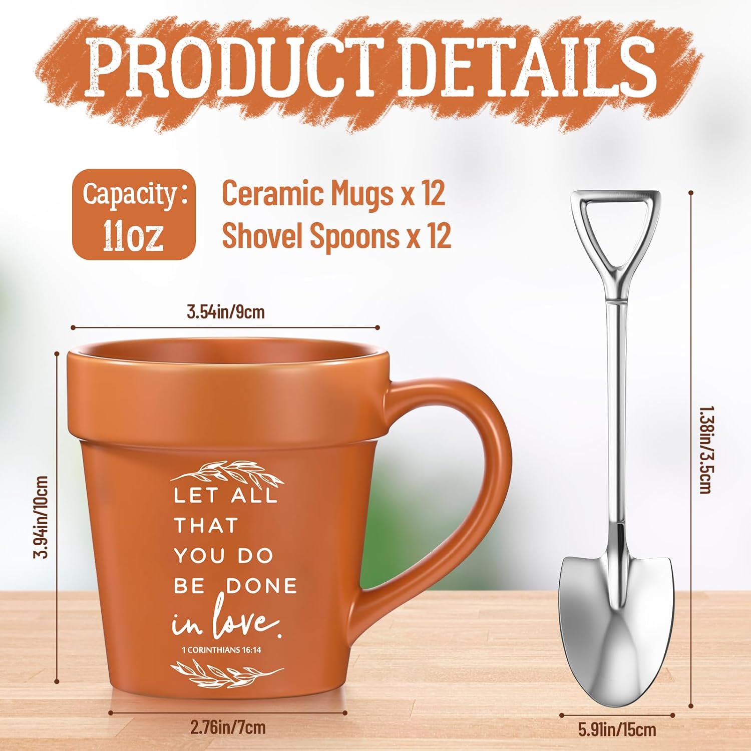 12 Pcs Mother's Day Christian Gifts for Women 11oz Flowerpot Bible Verse Coffee Mugs with Shovel Spoons Bulk Religious Gifts for Mom Grandma Church Pastor Sunday School Teacher Team(Leaf)