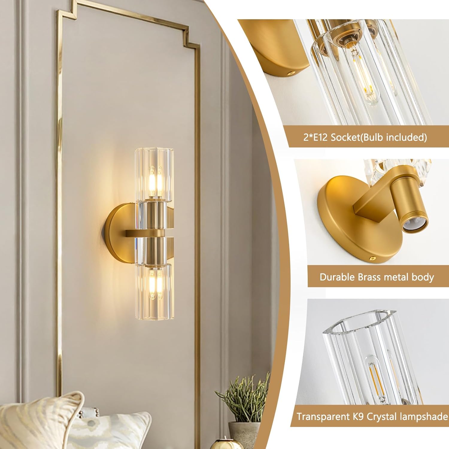 Crystal Wall Sconces Set of Two, 13" Modern Brass Sconces Lighting with K9 Crystal Lampshade,Indoor Wall Sconce Bedroom Wall Light Fixtures for Living Room Bathroom Hallway Stairs Entryway