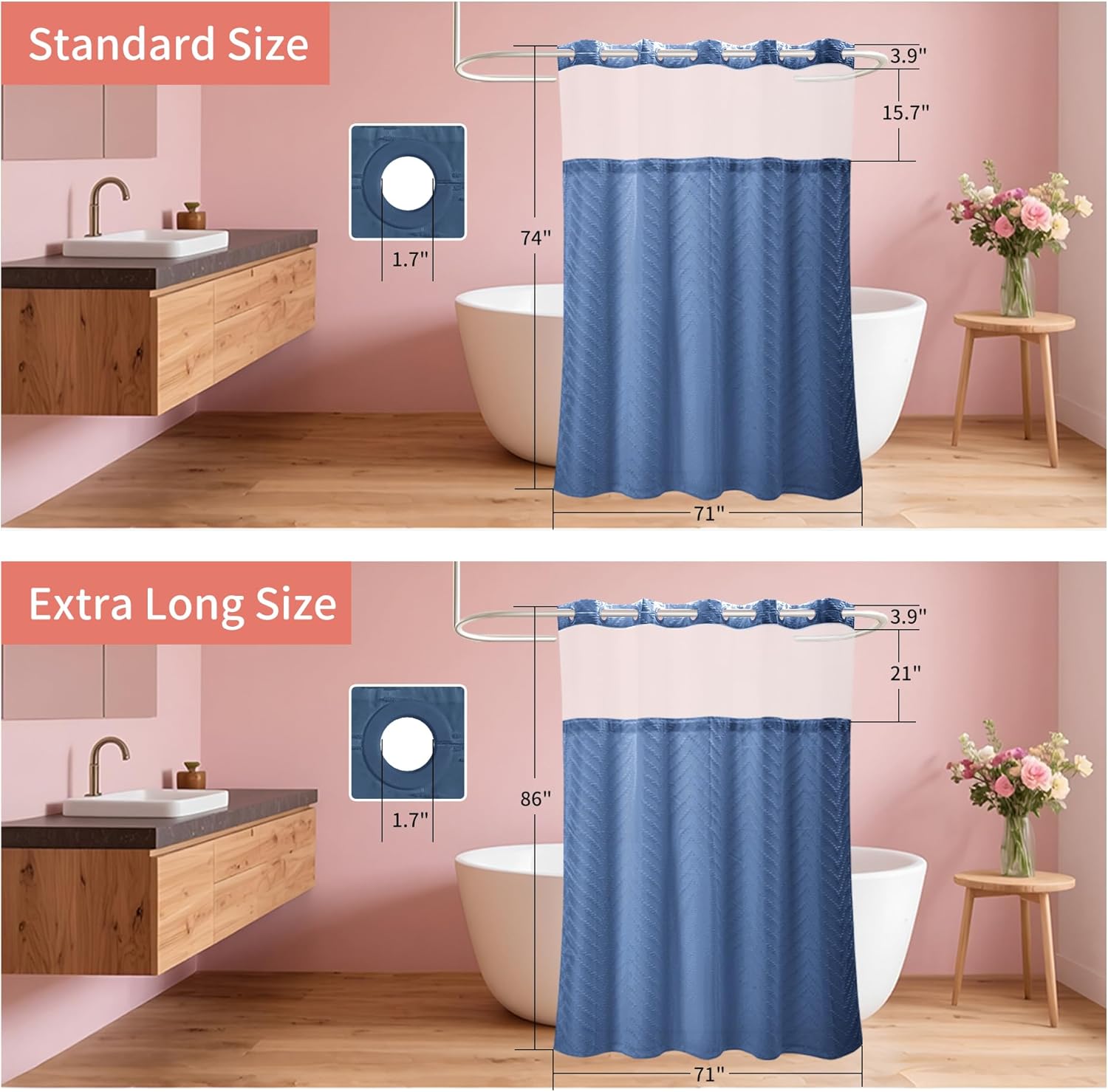 Hookless Shower Curtain with Snap in Liner 71" x 86" Double-Layer Waterproof Polyester Shower Curtain for Bathroom or Hotel Use,Removable Liner,Magnetic Hem,Large Rings,Machine Washable,Navy Blue