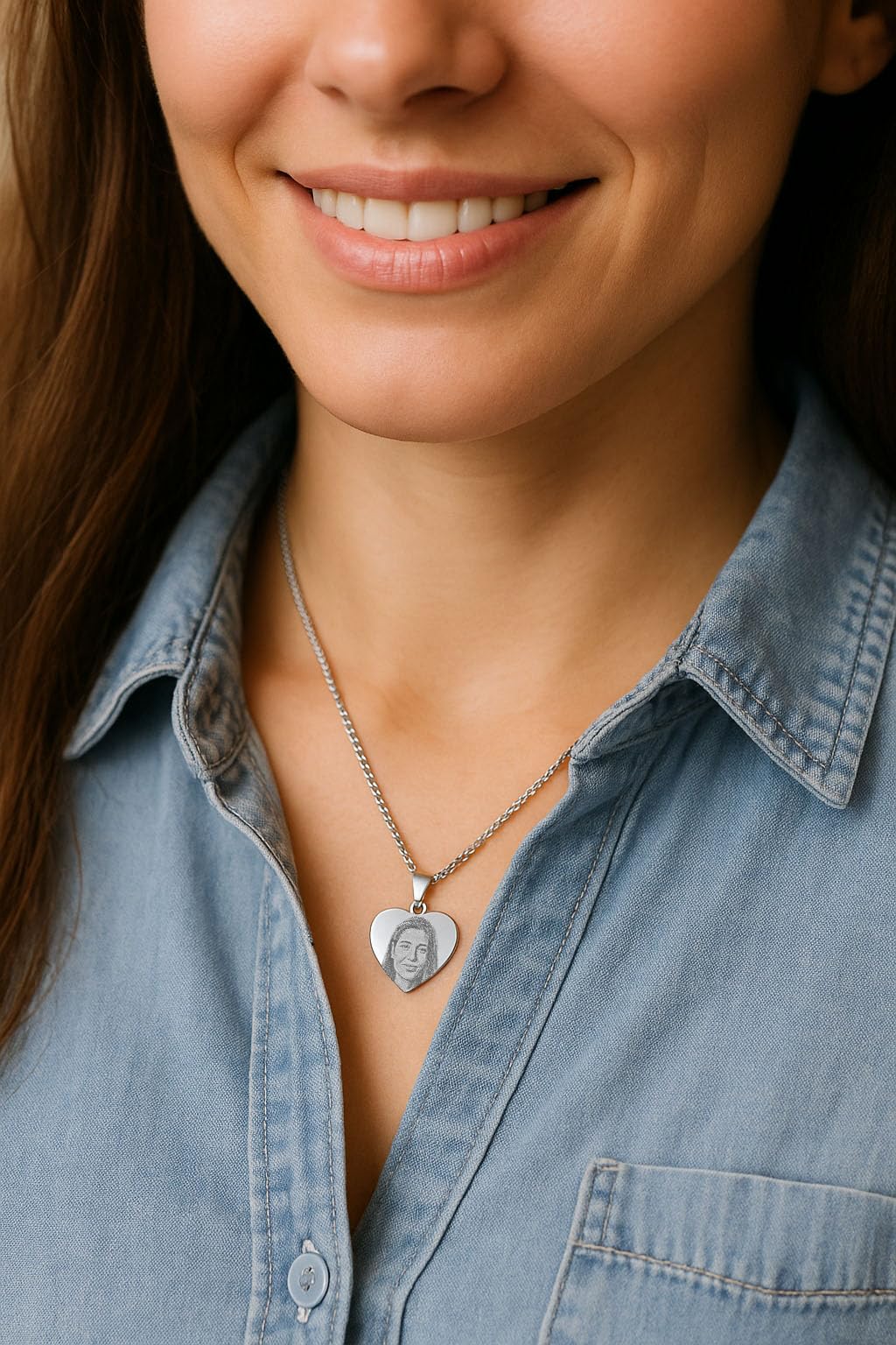Collar Corazón con Foto Grabada | Medalla Personalizada para Mujer | Acero Inoxidable con Imagen y Texto en el Reverso | Joya Regalo con Fotograbado en Forma de Corazón