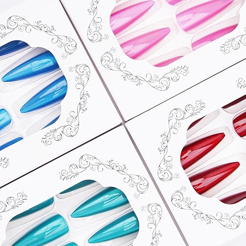 Miniatura 83 de Uñas postizas rojas a presión, uñas postizas medianas de almendra, uñas acrílicas brillantes, uñas postizas de cobertura completa con diseño