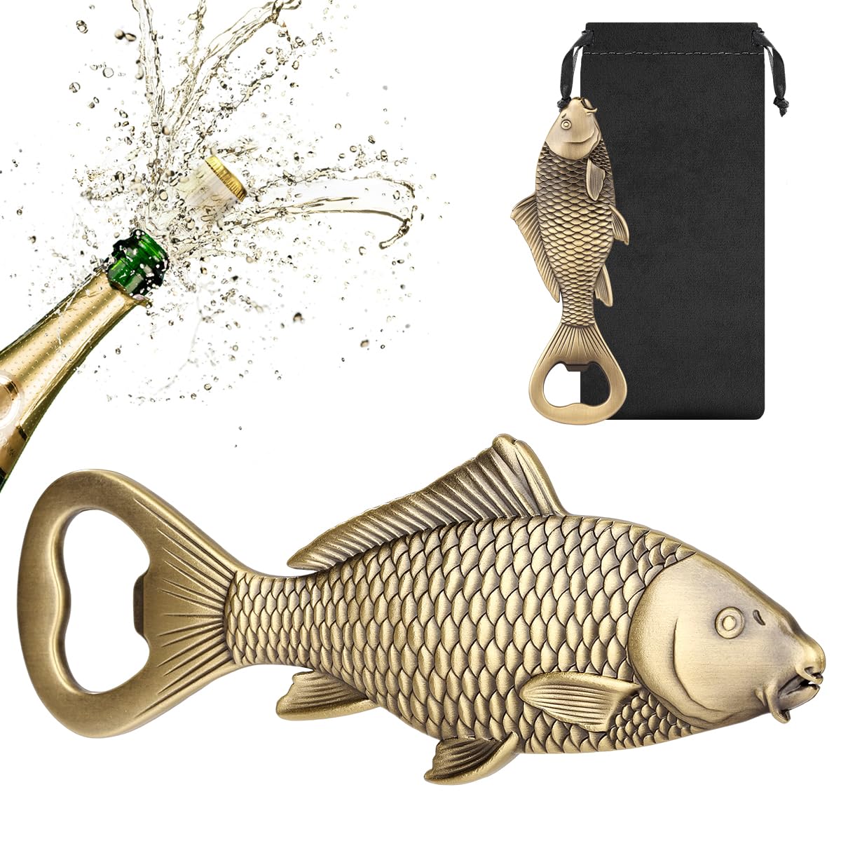 LULLEA Carp Beer Bottle Opener, Fishing Gifts for Fisherman, Carp Fish Decoration, Birthday Fathers Day Christmas Gifts for Men Women Dad Fisherman, Bronze Beer Accessories with Gift Bag