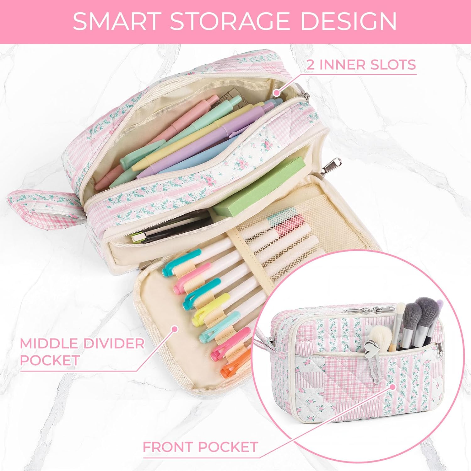 WOBAGMEN 3Pcs Quilted Backpack Bundle, Floral Aesthetic Daily Carry Backpack With Insulated Thermal Tote & Multi-Use Storage Pouch, Matching Stylish Bag Set (Pink Floral Patchwork)