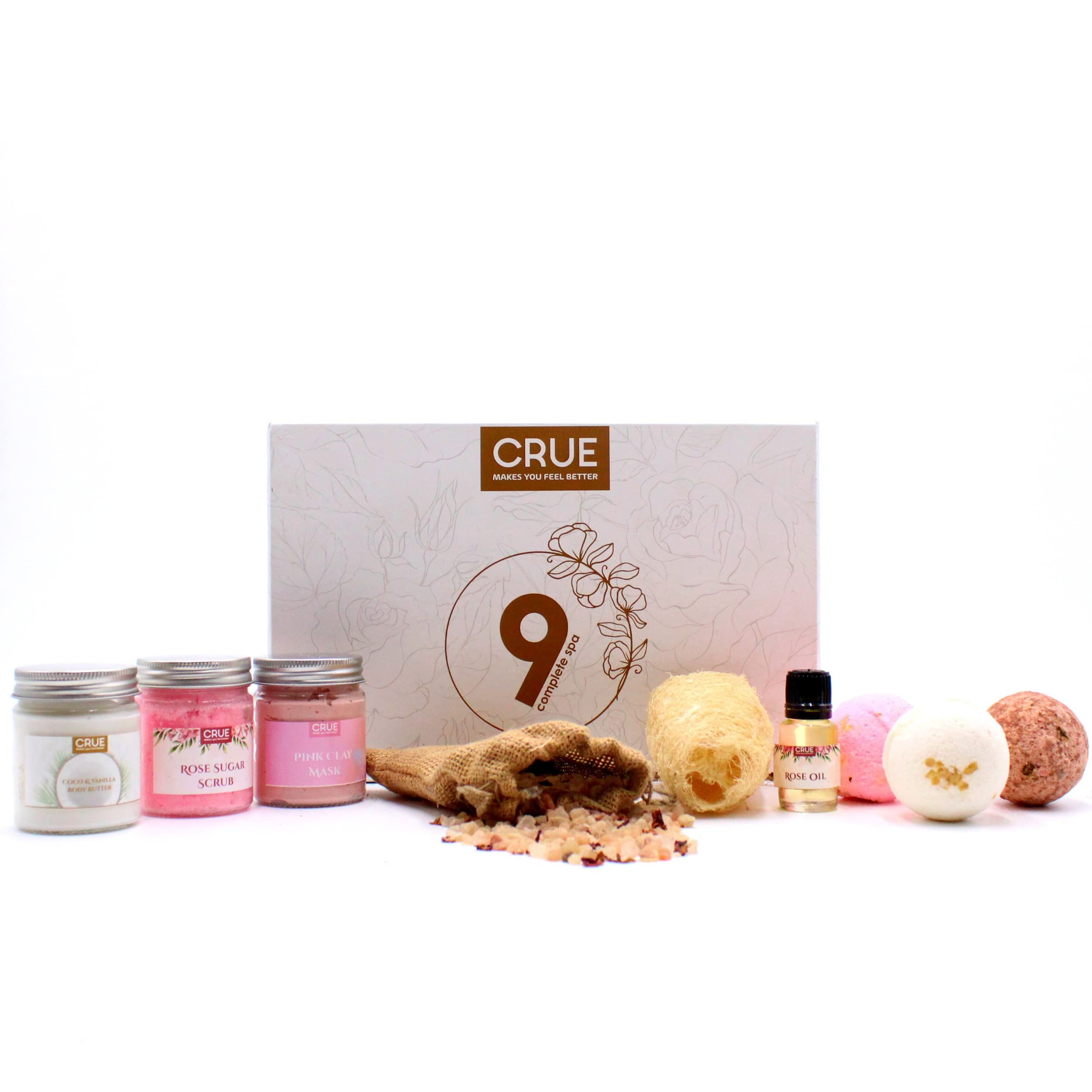 Crue Natural Skincare & Spa Gift Set For Women | Pink Clay Mask | Rose Sugar Scrub | Vanilla & Coconut Body Butter | Bath ...
