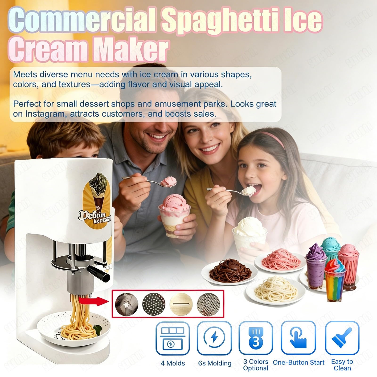 Macchina professionale per gelato spaghetti con 4 stampi di diverse forme, produzione di 30 litri/ora, design salvaspazio, facile da usare e da pulire-per gelaterie