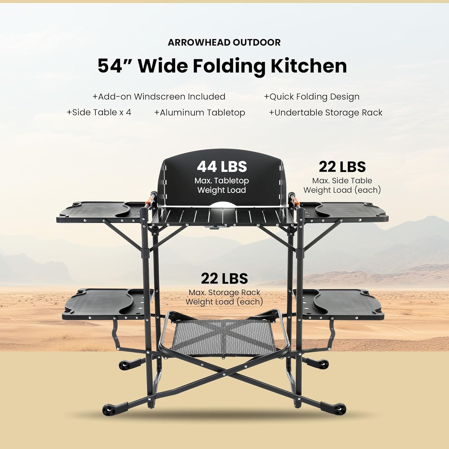 ARROWHEAD OUTDOOR 54" Wide Quick Folding Kitchen Station with Add-on Windscreen, 4 Side Tables, Aluminum Tabletop, Tool-Hanging Cord, 154 LBS Max Weight Load, for Patio BBQ and Camping
