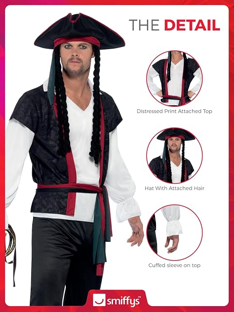 Foto 5 de 8 de Smiffys Disfraz de capitán pirata, Negro, con parte de arriba, pantalón, corbata y sombrero con pelo Halloween