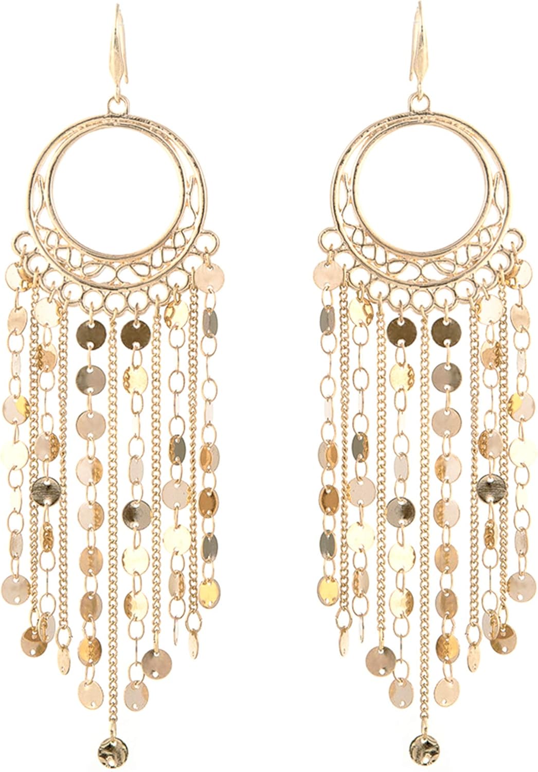 Bohemian Boho Tassel Dangle Drop Earrings for Women – Lightweight Filigree Gypsy Coin Chandelier Disc Charm Hoops – included Gift Box