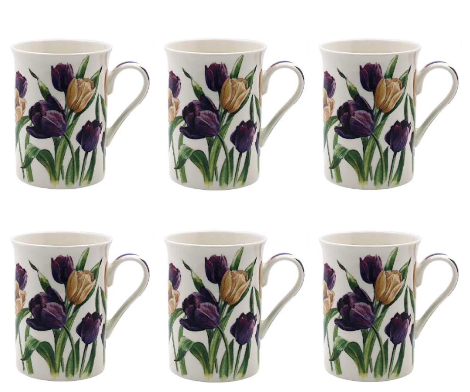 Tamersgifts Fine China Floral Mugs, 300ml Capacity, Set of 6, Assorted Garden Flower Designs (6 Tulip Coffee Mugs)