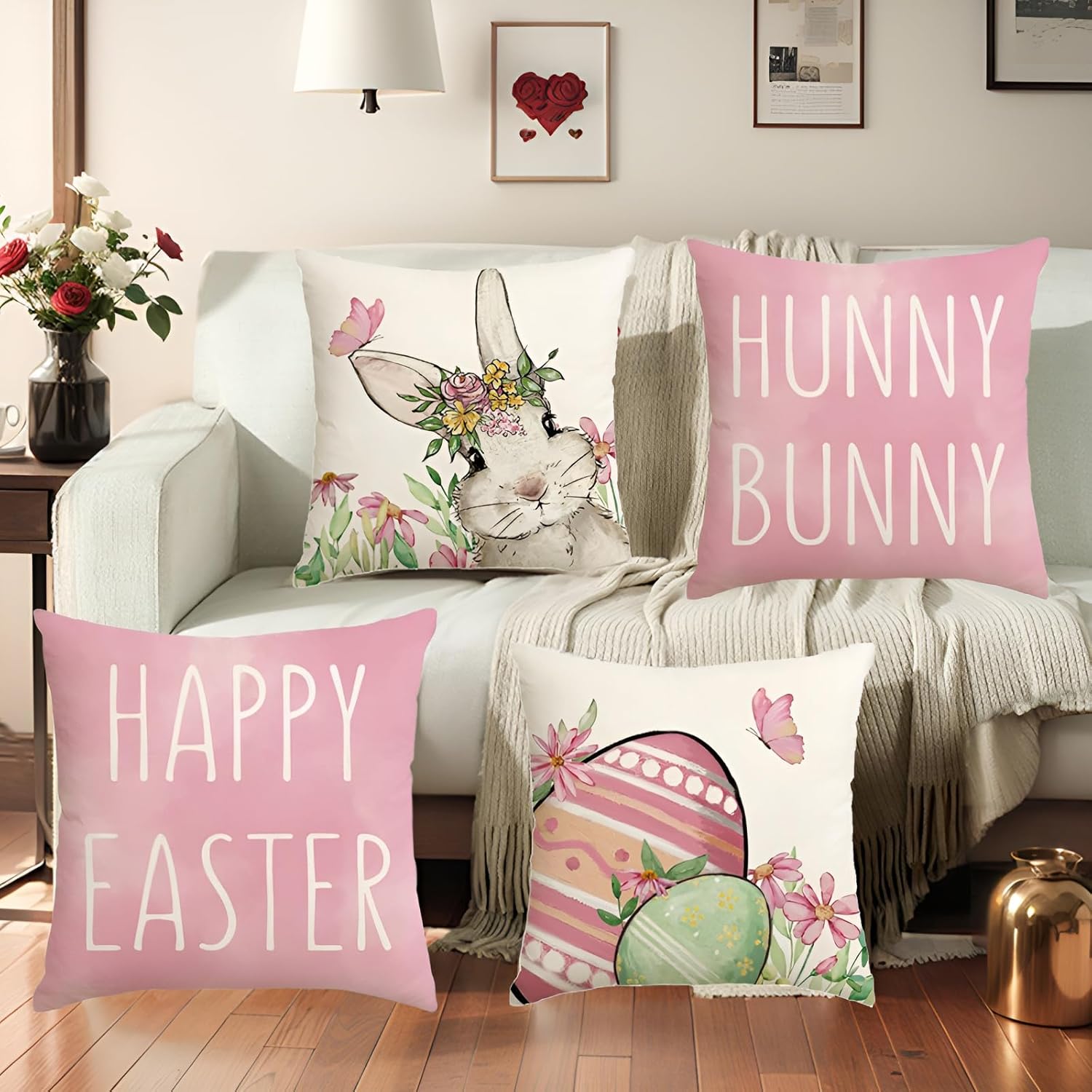 JOYFISCO Easter Pillow Covers 18 x 18 Happy Easter Hunny Bunny Pink Throw Pillow Covers Easter Eggs Bunny Spring Velvet Cushion Case for Sofa Couch Set of 4
